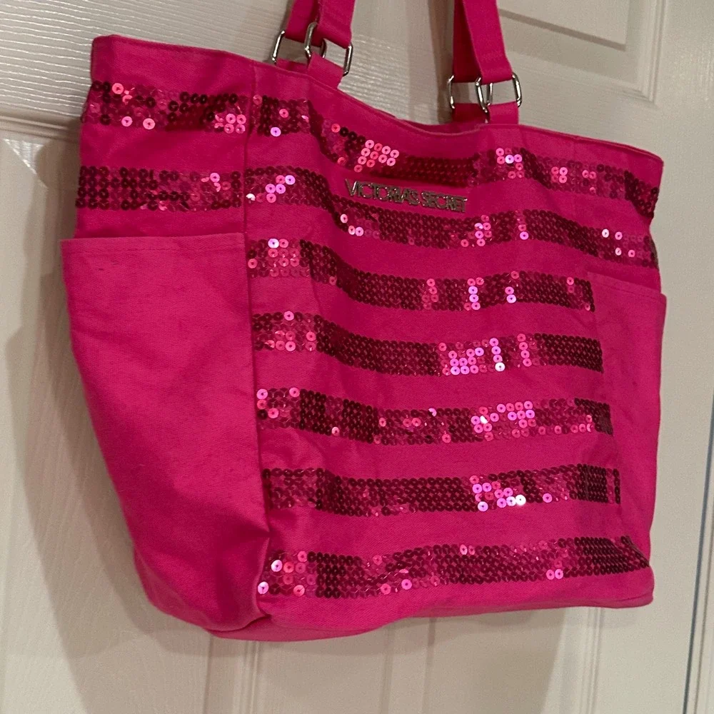 Victorias Secret Pink Sequin Stripe Canvas Tote Bag Shoulder Travel Beach Pink